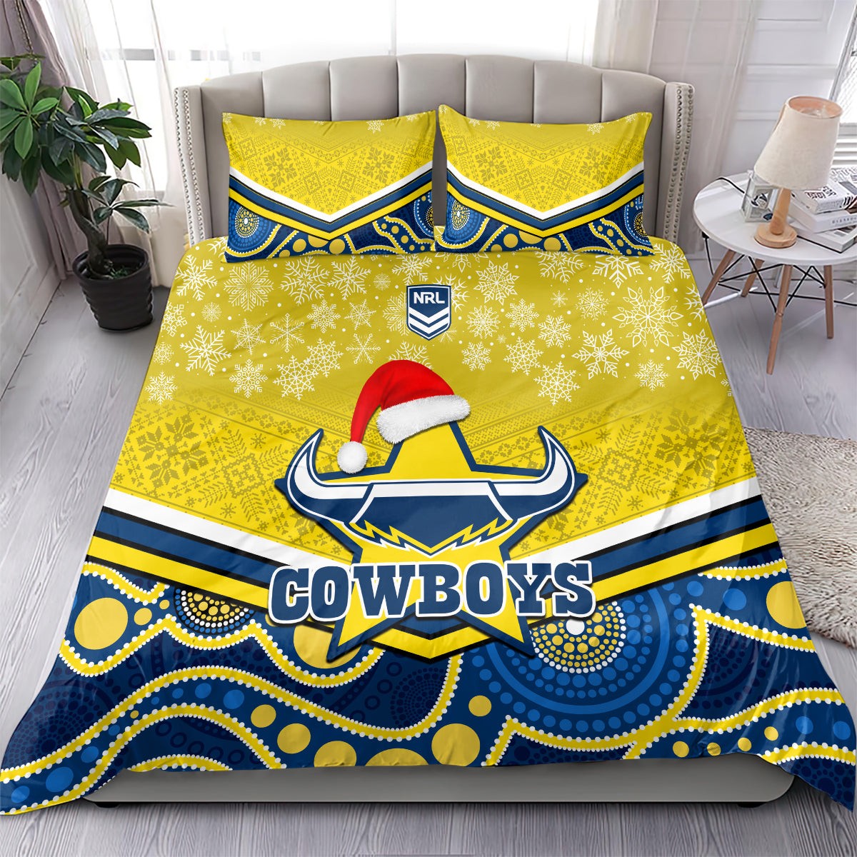 Cowboys Rugby Christmas Bedding Set Merry Xmas 2023 Mix Aboriginal Art Blue Version - Vibe Hoodie Shop