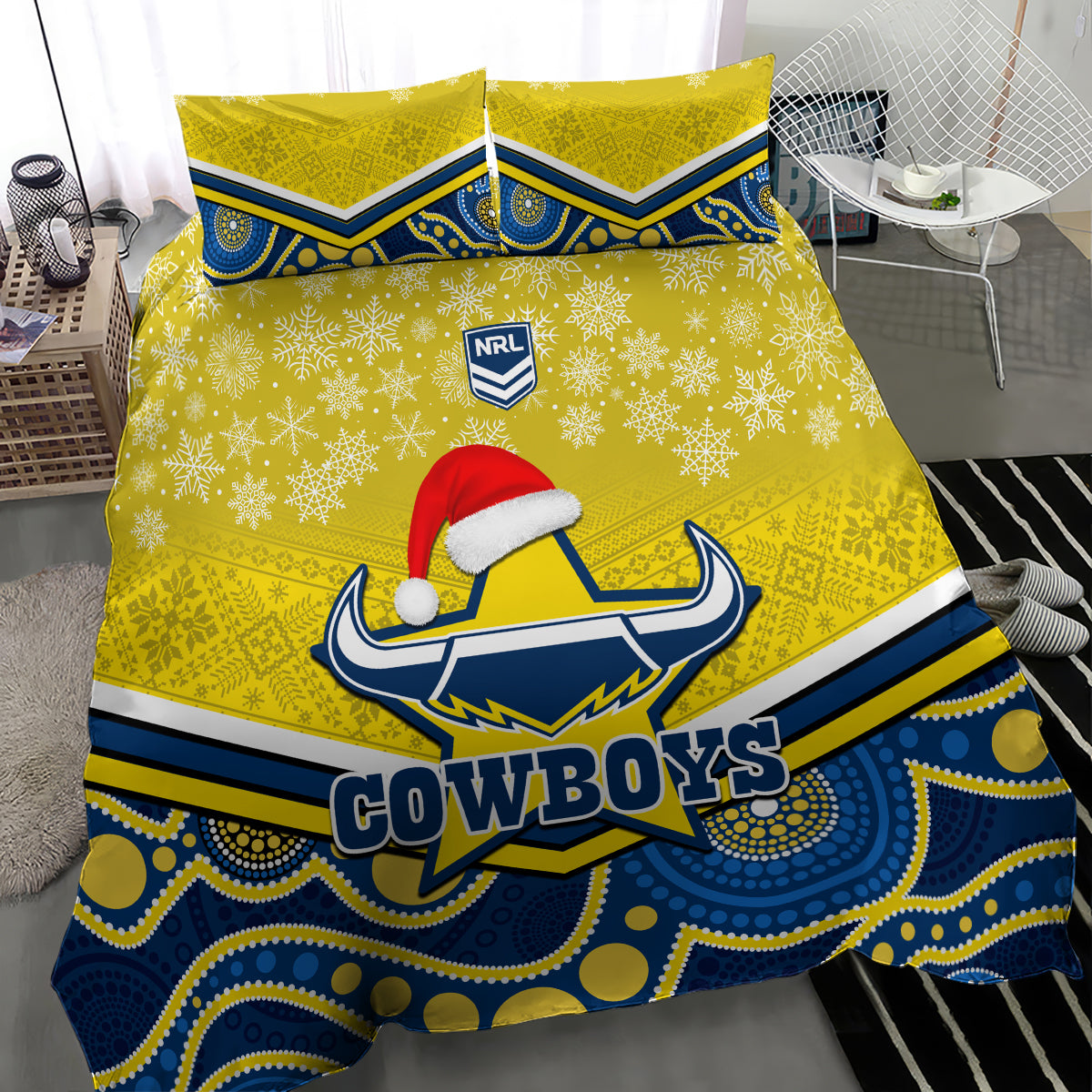 Cowboys Rugby Christmas Bedding Set Merry Xmas 2023 Mix Aboriginal Art Blue Version - Vibe Hoodie Shop