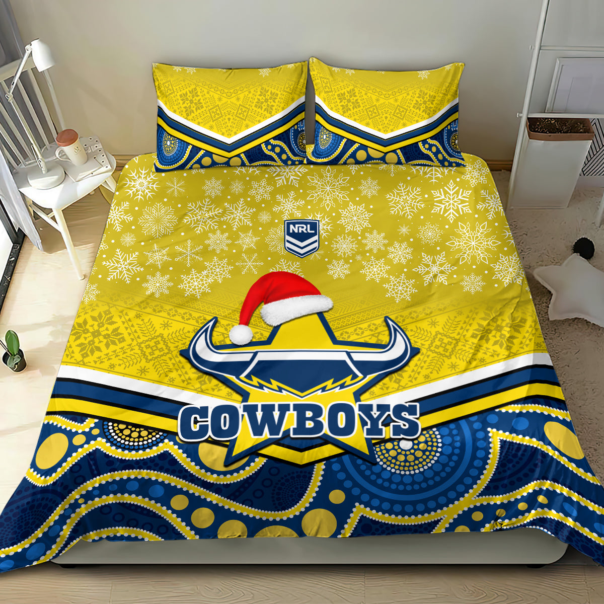 Cowboys Rugby Christmas Bedding Set Merry Xmas 2023 Mix Aboriginal Art Blue Version - Vibe Hoodie Shop