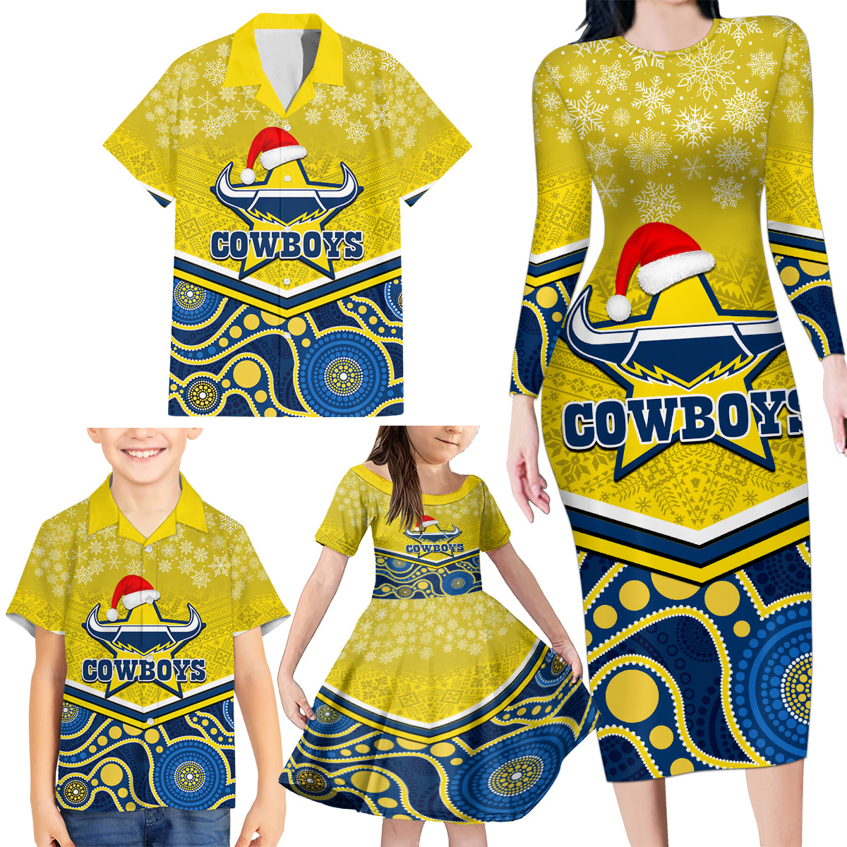 custom-cowboys-rugby-christmas-family-matching-long-sleeve-bodycon-dress-and-hawaiian-shirt-merry-xmas-2023-mix-aboriginal-art-blue-version