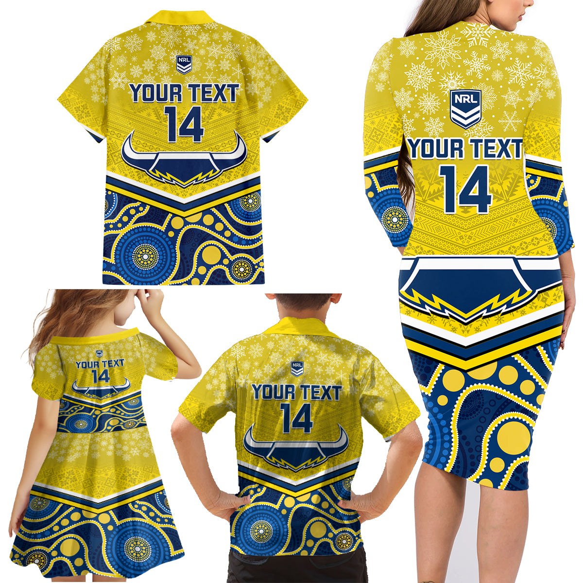 custom-cowboys-rugby-christmas-family-matching-long-sleeve-bodycon-dress-and-hawaiian-shirt-merry-xmas-2023-mix-aboriginal-art-blue-version