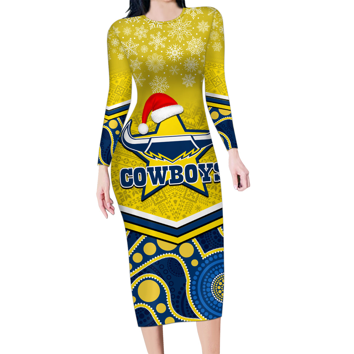 custom-cowboys-rugby-christmas-family-matching-long-sleeve-bodycon-dress-and-hawaiian-shirt-merry-xmas-2023-mix-aboriginal-art-blue-version