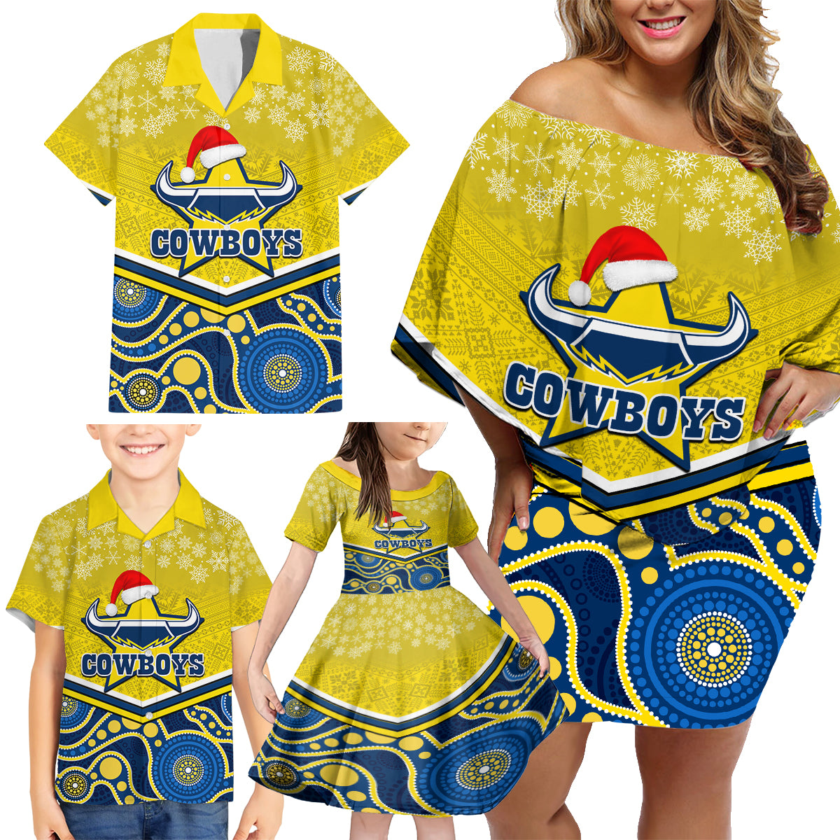 custom-cowboys-rugby-christmas-family-matching-off-shoulder-short-dress-and-hawaiian-shirt-merry-xmas-2023-mix-aboriginal-art-blue-version