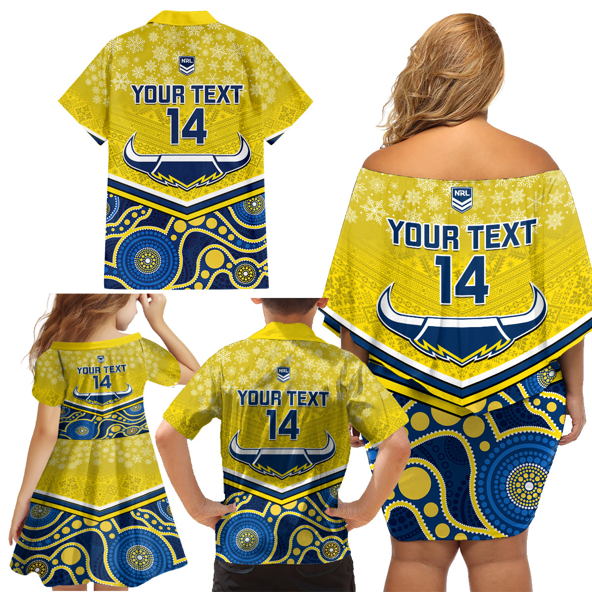 custom-cowboys-rugby-christmas-family-matching-off-shoulder-short-dress-and-hawaiian-shirt-merry-xmas-2023-mix-aboriginal-art-blue-version