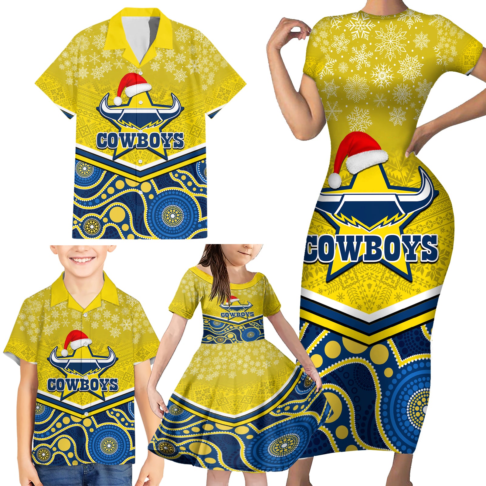 custom-cowboys-rugby-christmas-family-matching-short-sleeve-bodycon-dress-and-hawaiian-shirt-merry-xmas-2023-mix-aboriginal-art-blue-version