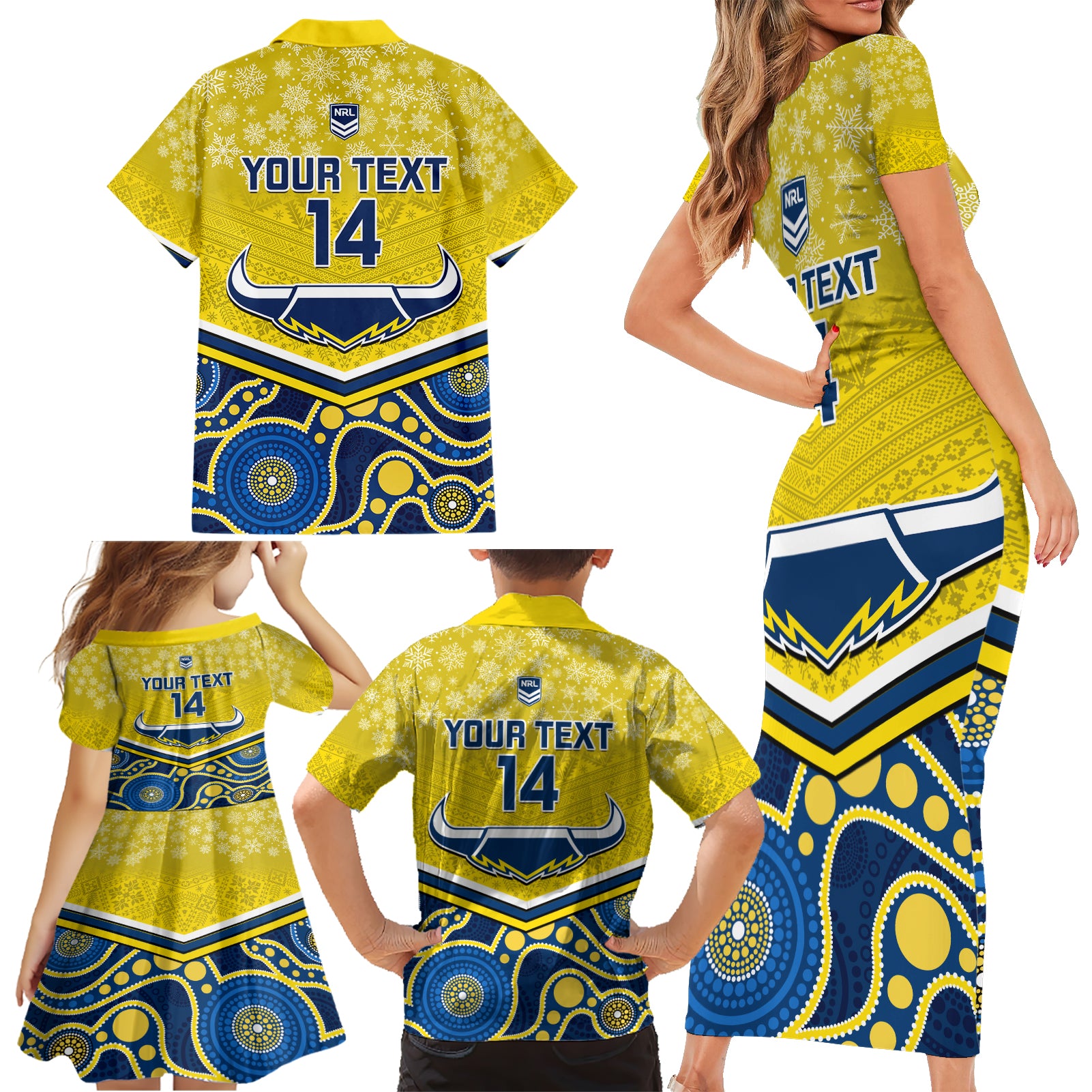 custom-cowboys-rugby-christmas-family-matching-short-sleeve-bodycon-dress-and-hawaiian-shirt-merry-xmas-2023-mix-aboriginal-art-blue-version