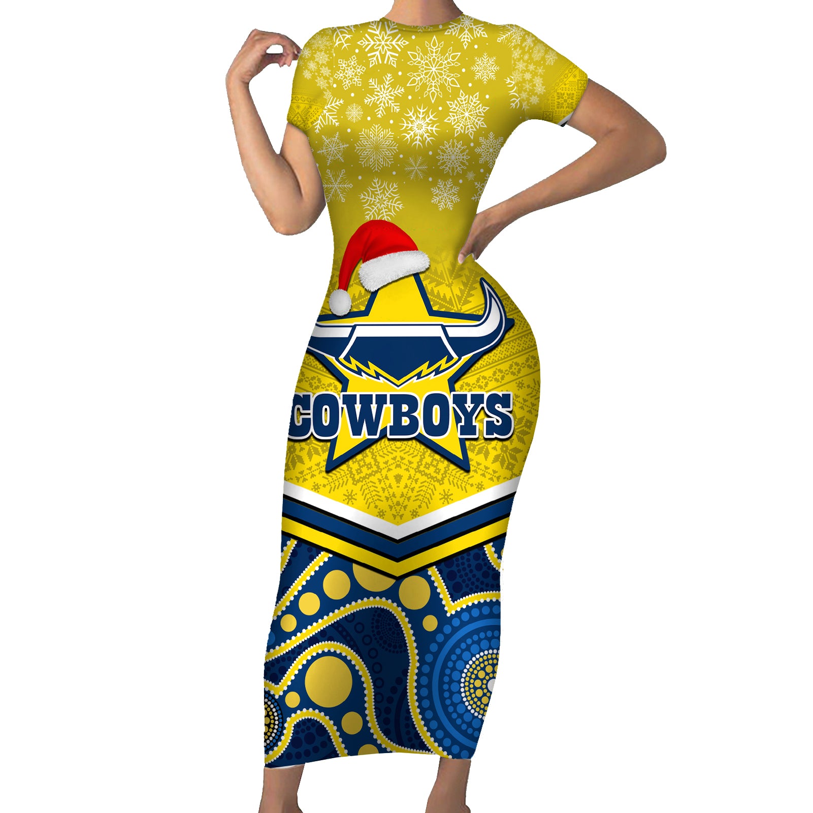 custom-cowboys-rugby-christmas-family-matching-short-sleeve-bodycon-dress-and-hawaiian-shirt-merry-xmas-2023-mix-aboriginal-art-blue-version