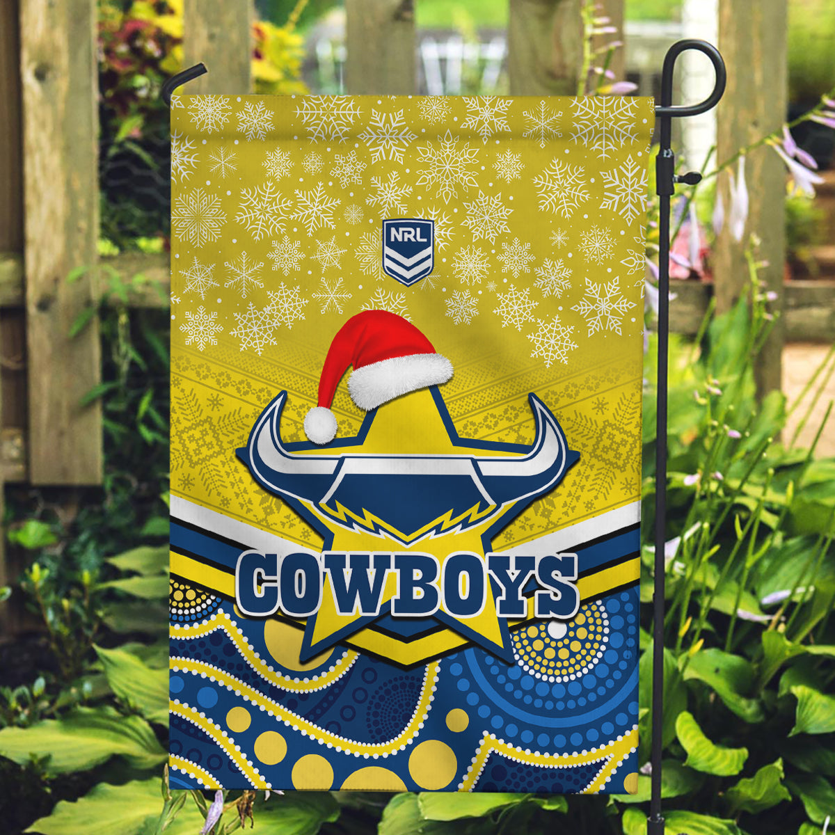 Cowboys Rugby Christmas Garden Flag Merry Xmas 2023 Mix Aboriginal Art Blue Version - Vibe Hoodie Shop