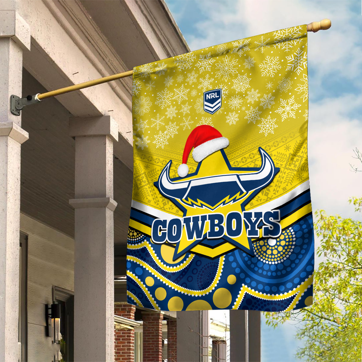 Cowboys Rugby Christmas Garden Flag Merry Xmas 2023 Mix Aboriginal Art Blue Version - Vibe Hoodie Shop