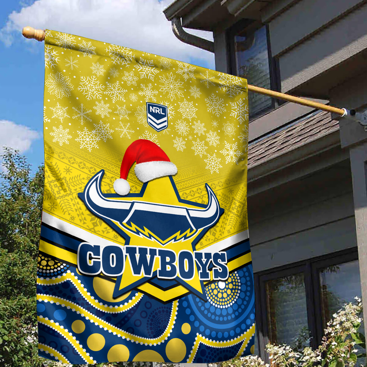 Cowboys Rugby Christmas Garden Flag Merry Xmas 2023 Mix Aboriginal Art Blue Version - Vibe Hoodie Shop