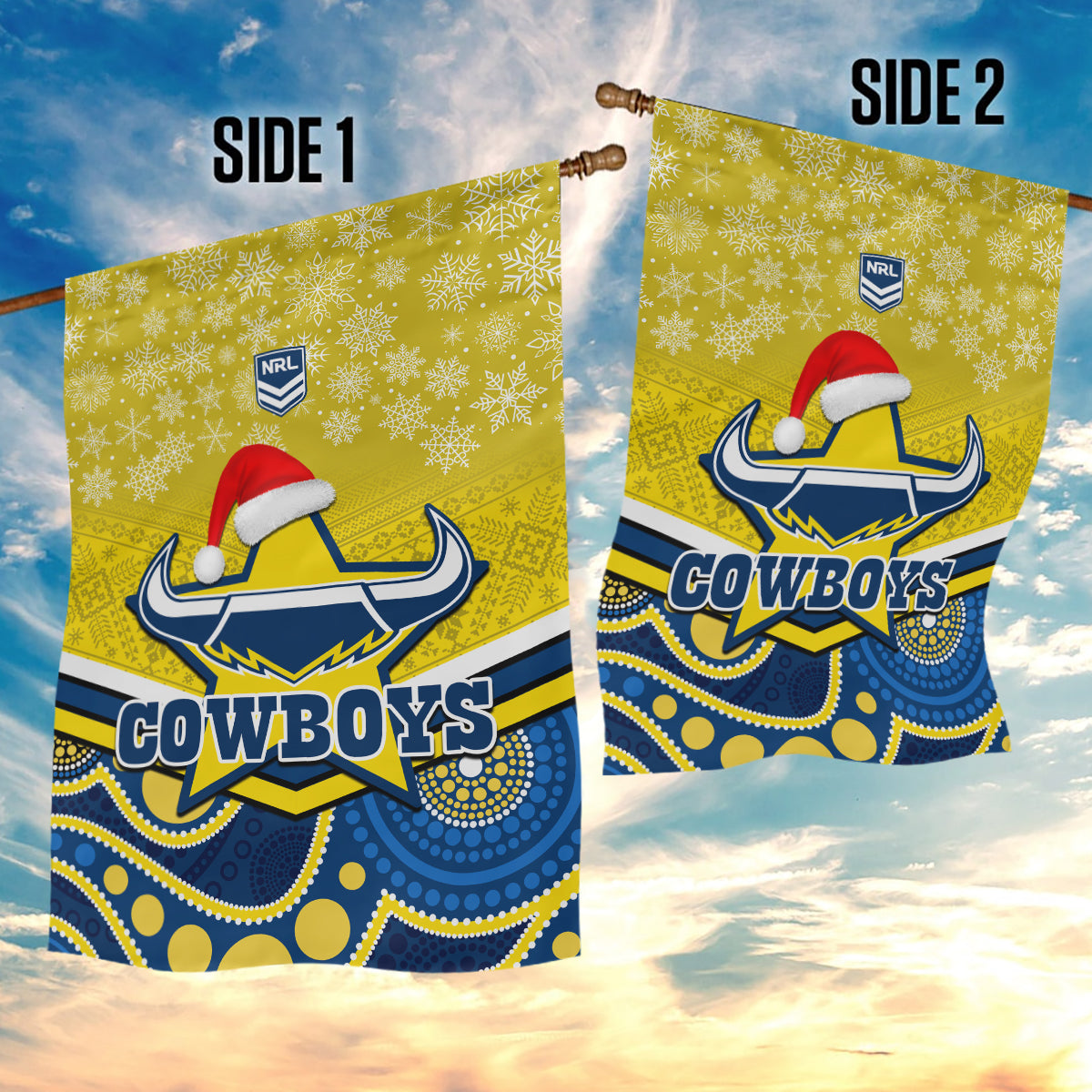 Cowboys Rugby Christmas Garden Flag Merry Xmas 2023 Mix Aboriginal Art Blue Version - Vibe Hoodie Shop