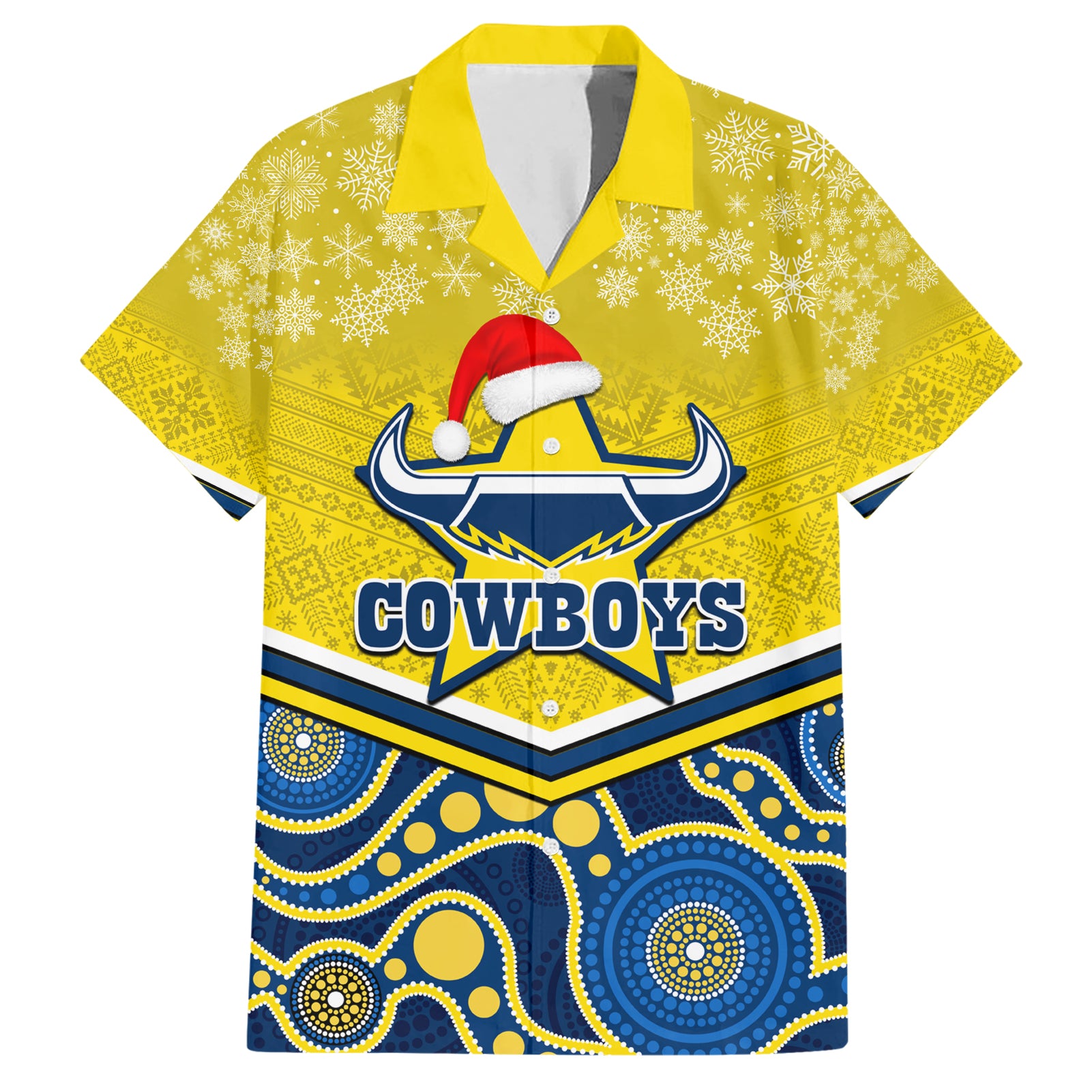 Custom Cowboys Rugby Christmas Hawaiian Shirt Merry Xmas 2023 Mix Aboriginal Art Blue Version - Vibe Hoodie Shop
