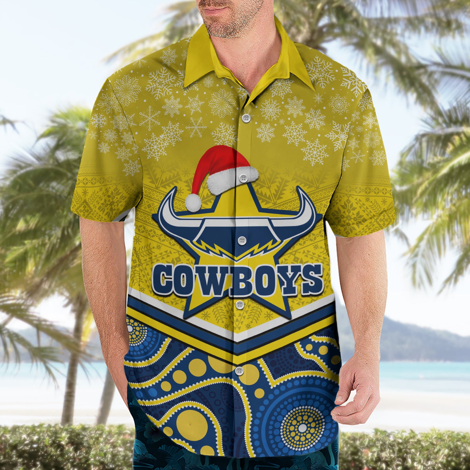 Custom Cowboys Rugby Christmas Hawaiian Shirt Merry Xmas 2023 Mix Aboriginal Art Blue Version - Vibe Hoodie Shop