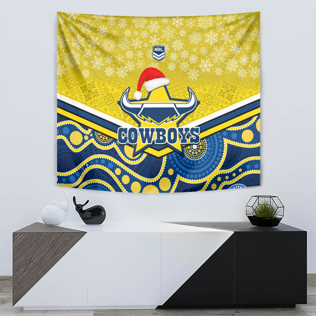 Cowboys Rugby Christmas Tapestry Merry Xmas 2023 Mix Aboriginal Art Blue Version - Vibe Hoodie Shop