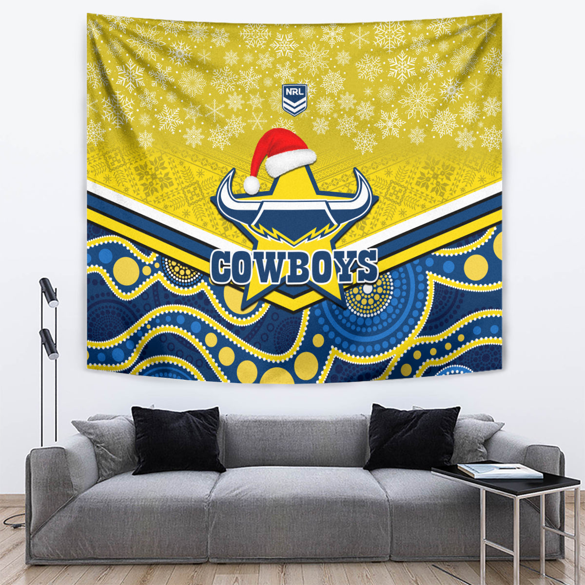 Cowboys Rugby Christmas Tapestry Merry Xmas 2023 Mix Aboriginal Art Blue Version - Vibe Hoodie Shop