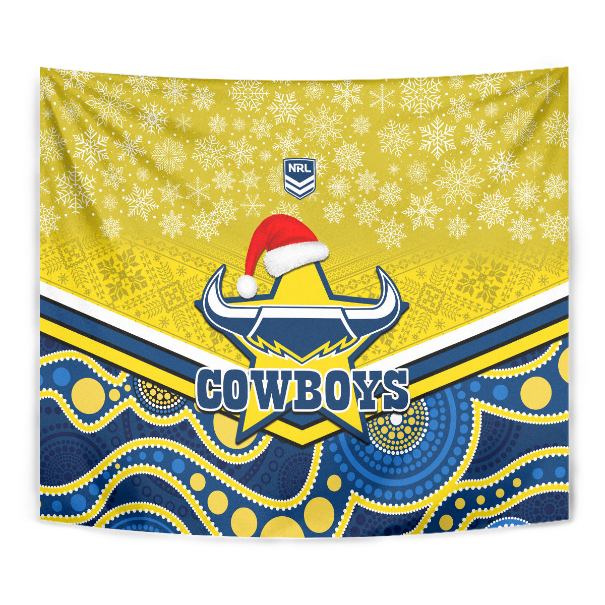 Cowboys Rugby Christmas Tapestry Merry Xmas 2023 Mix Aboriginal Art Blue Version - Vibe Hoodie Shop