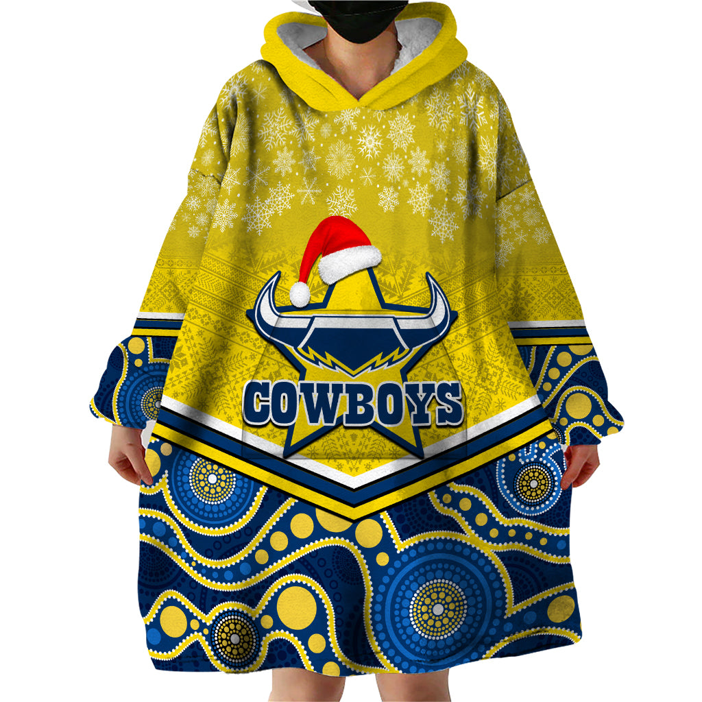 Custom Cowboys Rugby Christmas Wearable Blanket Hoodie Merry Xmas 2023 Mix Aboriginal Art Blue Version - Vibe Hoodie Shop