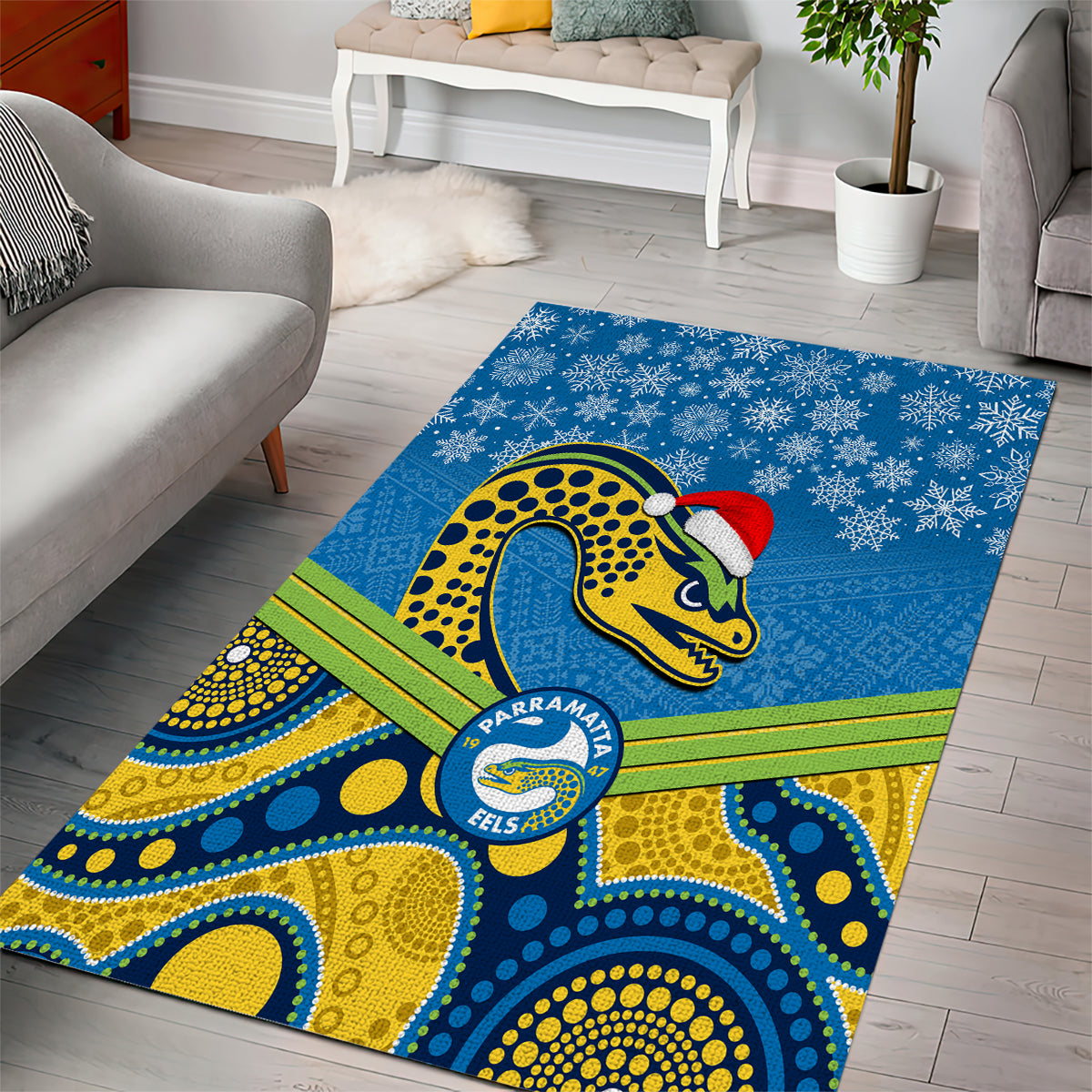 Parramatta Eels Rugby Christmas Area Rug Merry Xmas 2023 Mix Aboriginal Art - Vibe Hoodie Shop