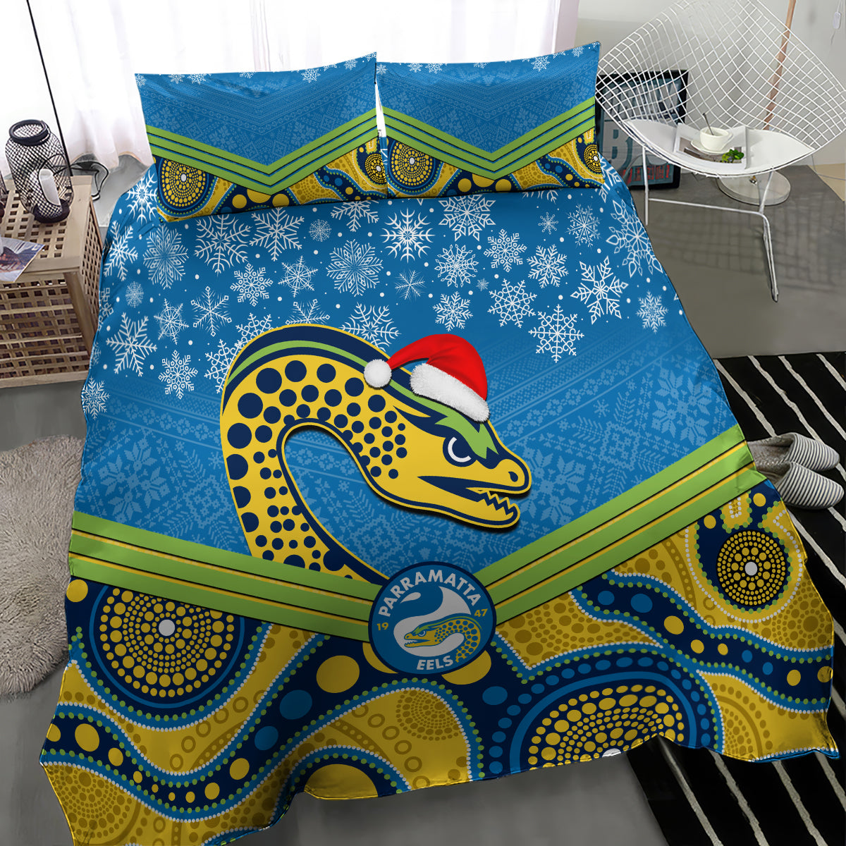 Parramatta Eels Rugby Christmas Bedding Set Merry Xmas 2023 Mix Aboriginal Art - Vibe Hoodie Shop