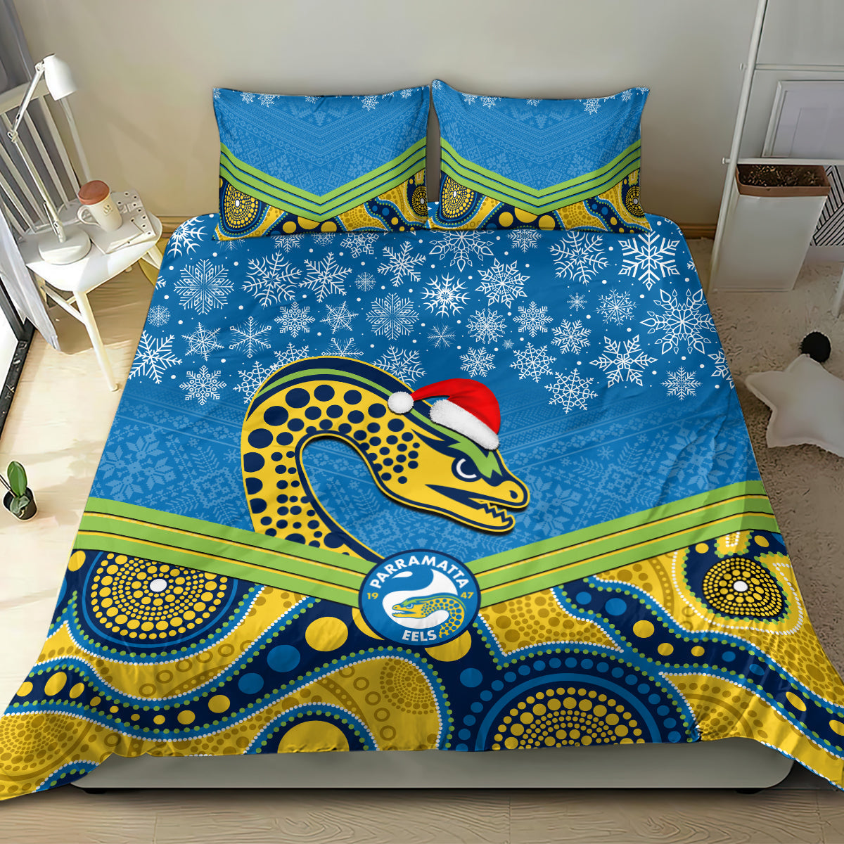 Parramatta Eels Rugby Christmas Bedding Set Merry Xmas 2023 Mix Aboriginal Art - Vibe Hoodie Shop