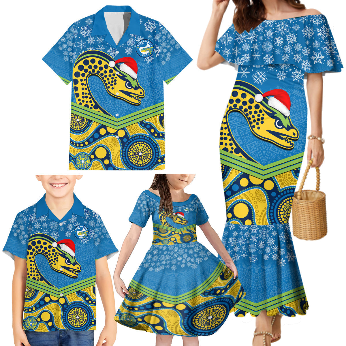 custom-parramatta-eels-rugby-christmas-family-matching-mermaid-dress-and-hawaiian-shirt-merry-xmas-2023-mix-aboriginal-art