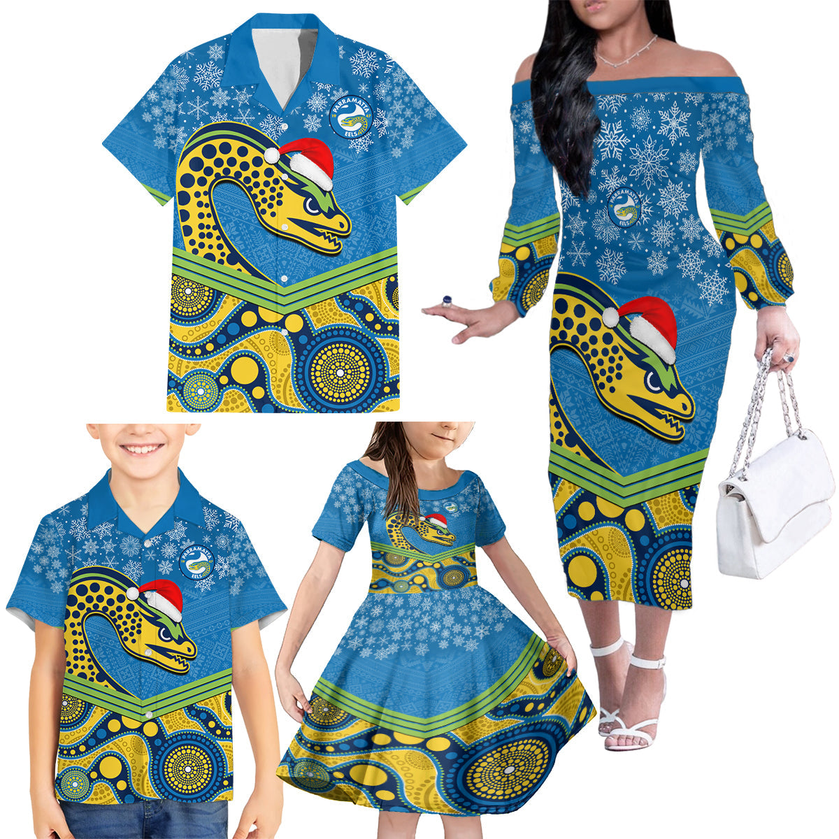 custom-parramatta-eels-rugby-christmas-family-matching-off-shoulder-long-sleeve-dress-and-hawaiian-shirt-merry-xmas-2023-mix-aboriginal-art