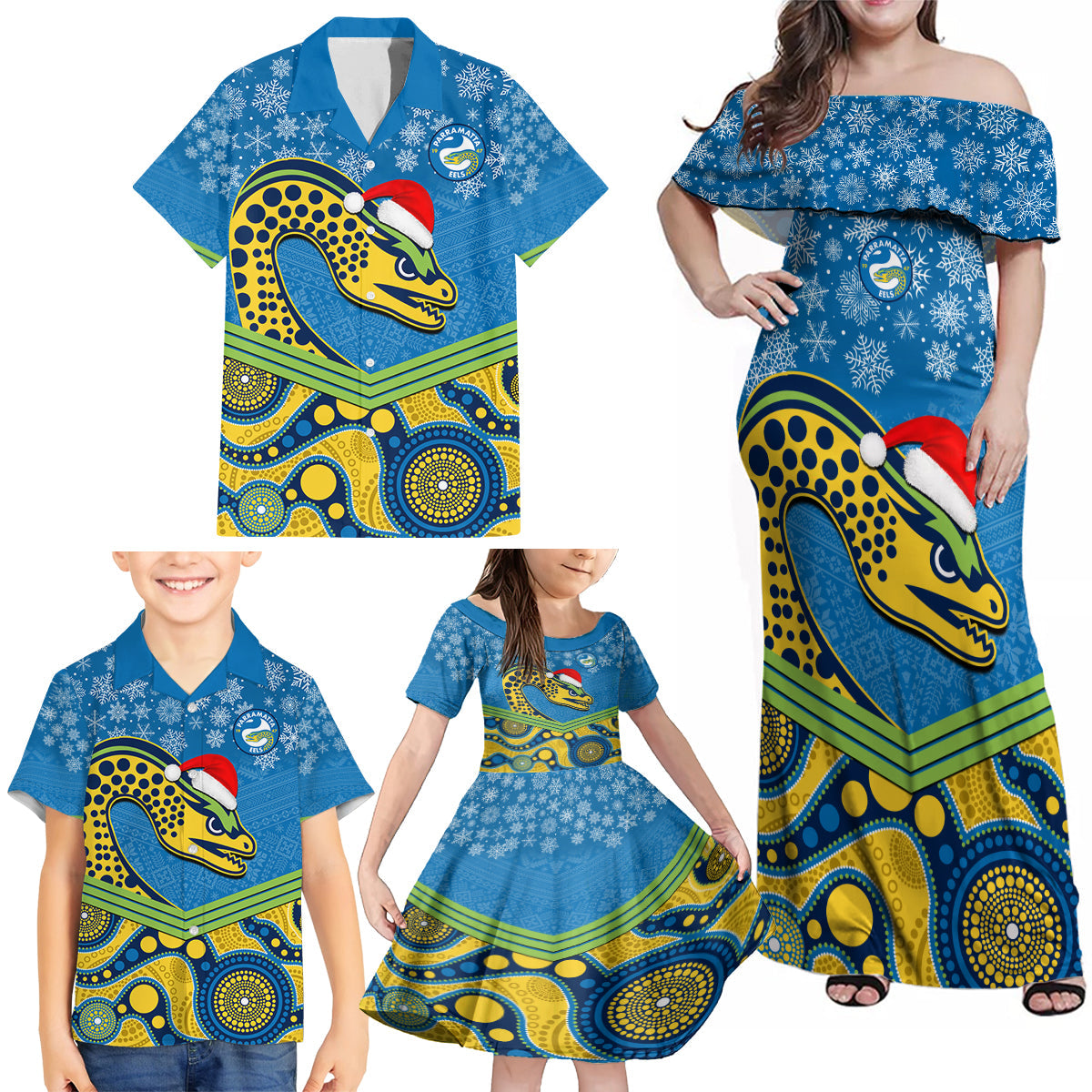 custom-parramatta-eels-rugby-christmas-family-matching-off-shoulder-maxi-dress-and-hawaiian-shirt-merry-xmas-2023-mix-aboriginal-art