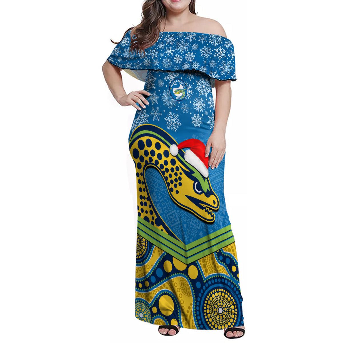 custom-parramatta-eels-rugby-christmas-family-matching-off-shoulder-maxi-dress-and-hawaiian-shirt-merry-xmas-2023-mix-aboriginal-art