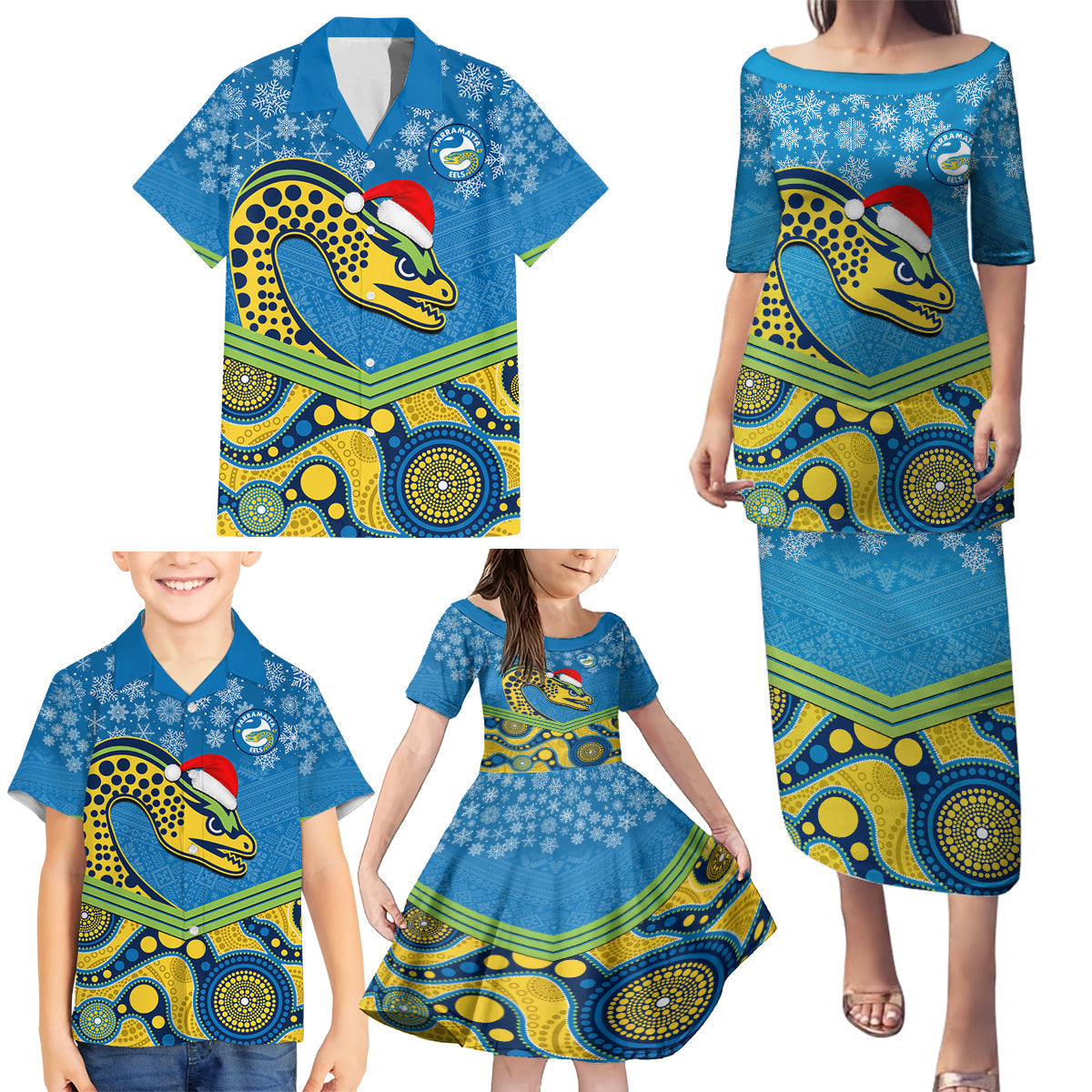 custom-parramatta-eels-rugby-christmas-family-matching-puletasi-dress-and-hawaiian-shirt-merry-xmas-2023-mix-aboriginal-art