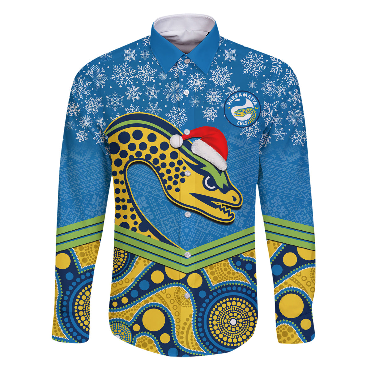 custom-parramatta-eels-rugby-christmas-family-matching-puletasi-dress-and-hawaiian-shirt-merry-xmas-2023-mix-aboriginal-art