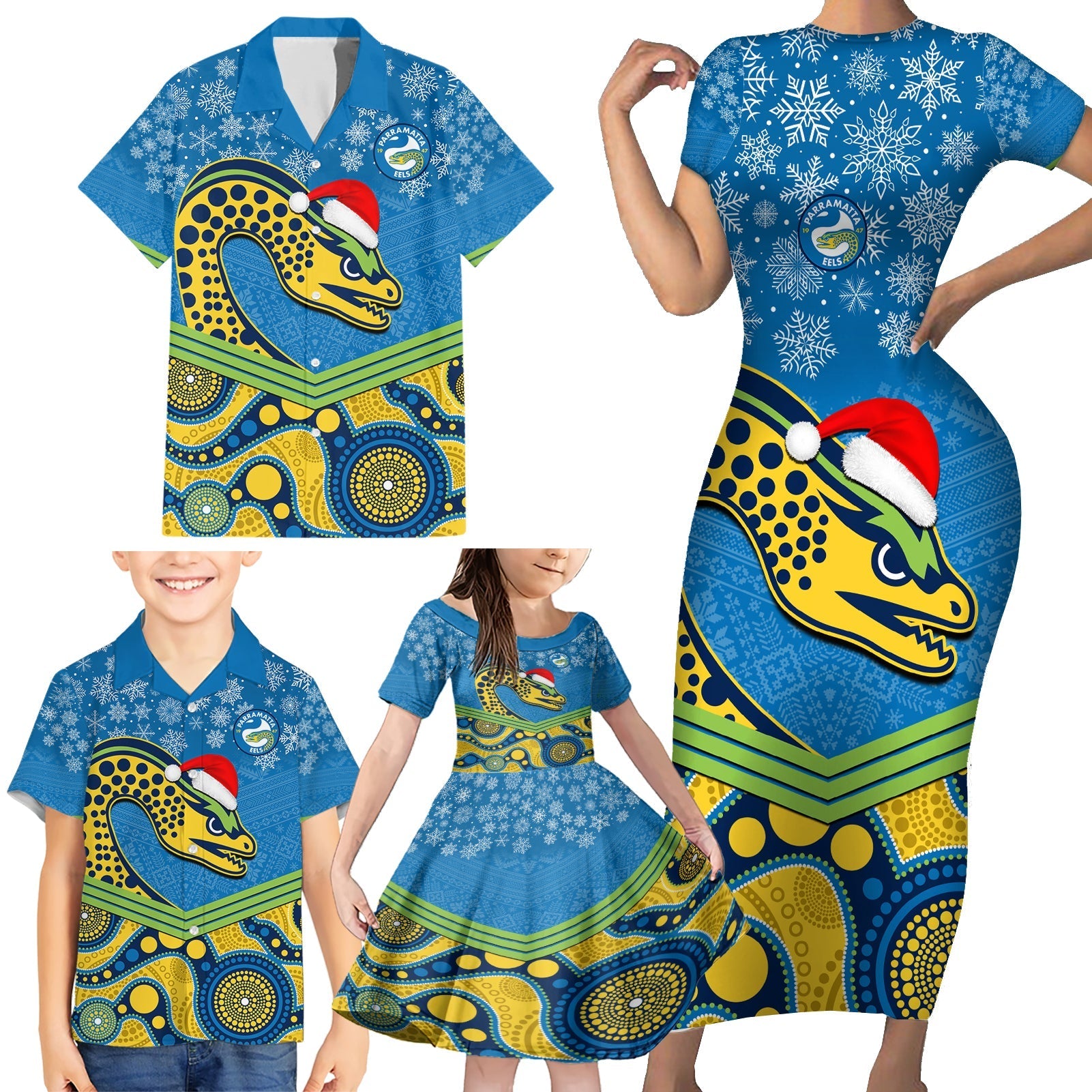 custom-parramatta-eels-rugby-christmas-family-matching-short-sleeve-bodycon-dress-and-hawaiian-shirt-merry-xmas-2023-mix-aboriginal-art
