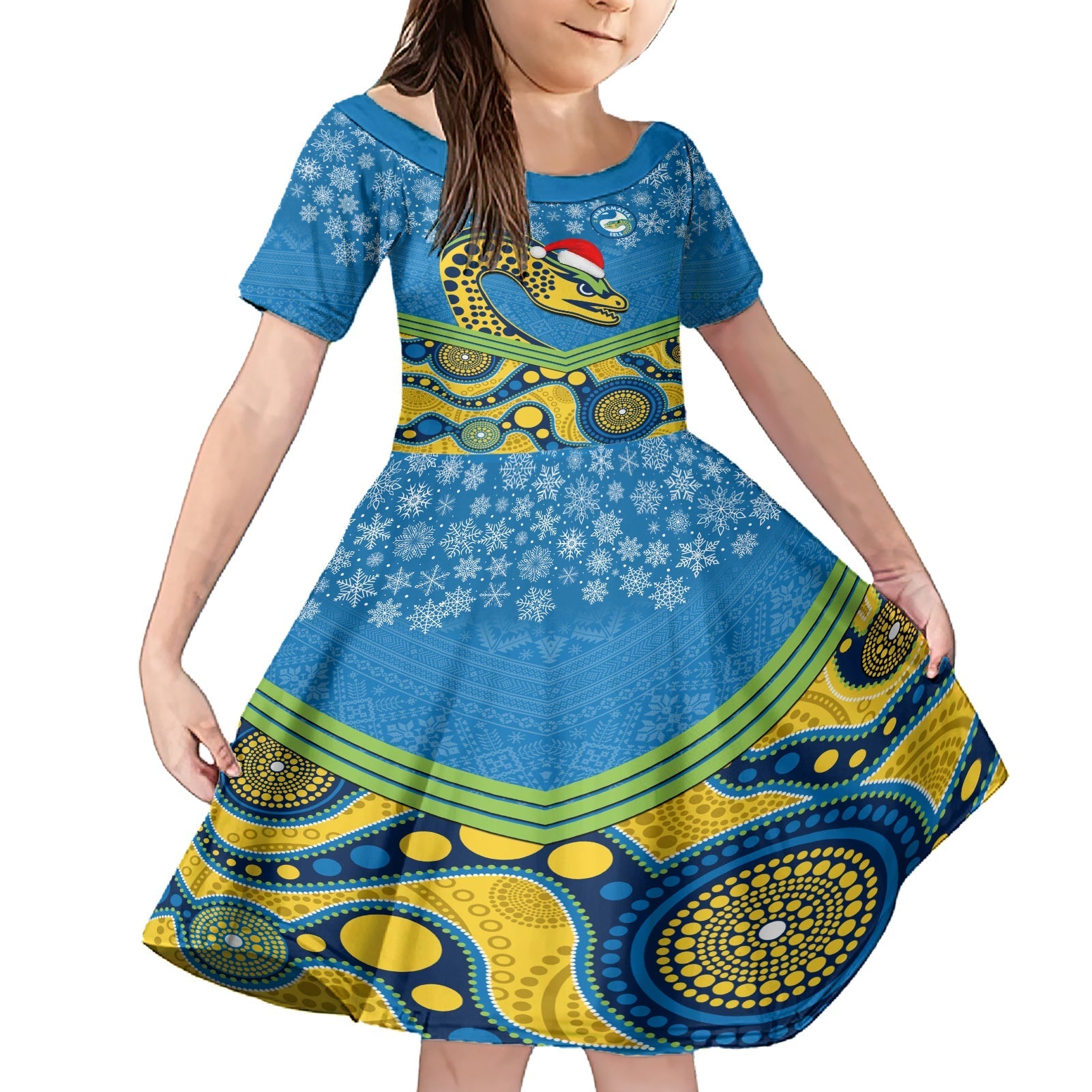 custom-parramatta-eels-rugby-christmas-family-matching-short-sleeve-bodycon-dress-and-hawaiian-shirt-merry-xmas-2023-mix-aboriginal-art