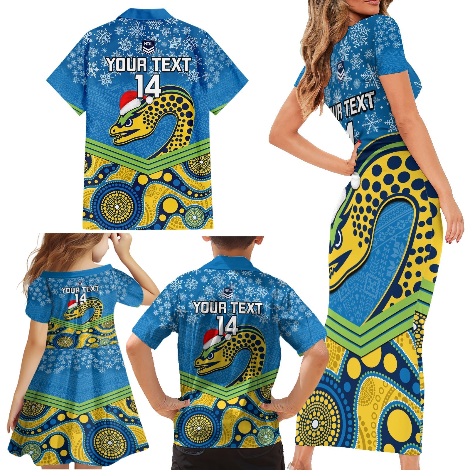 custom-parramatta-eels-rugby-christmas-family-matching-short-sleeve-bodycon-dress-and-hawaiian-shirt-merry-xmas-2023-mix-aboriginal-art