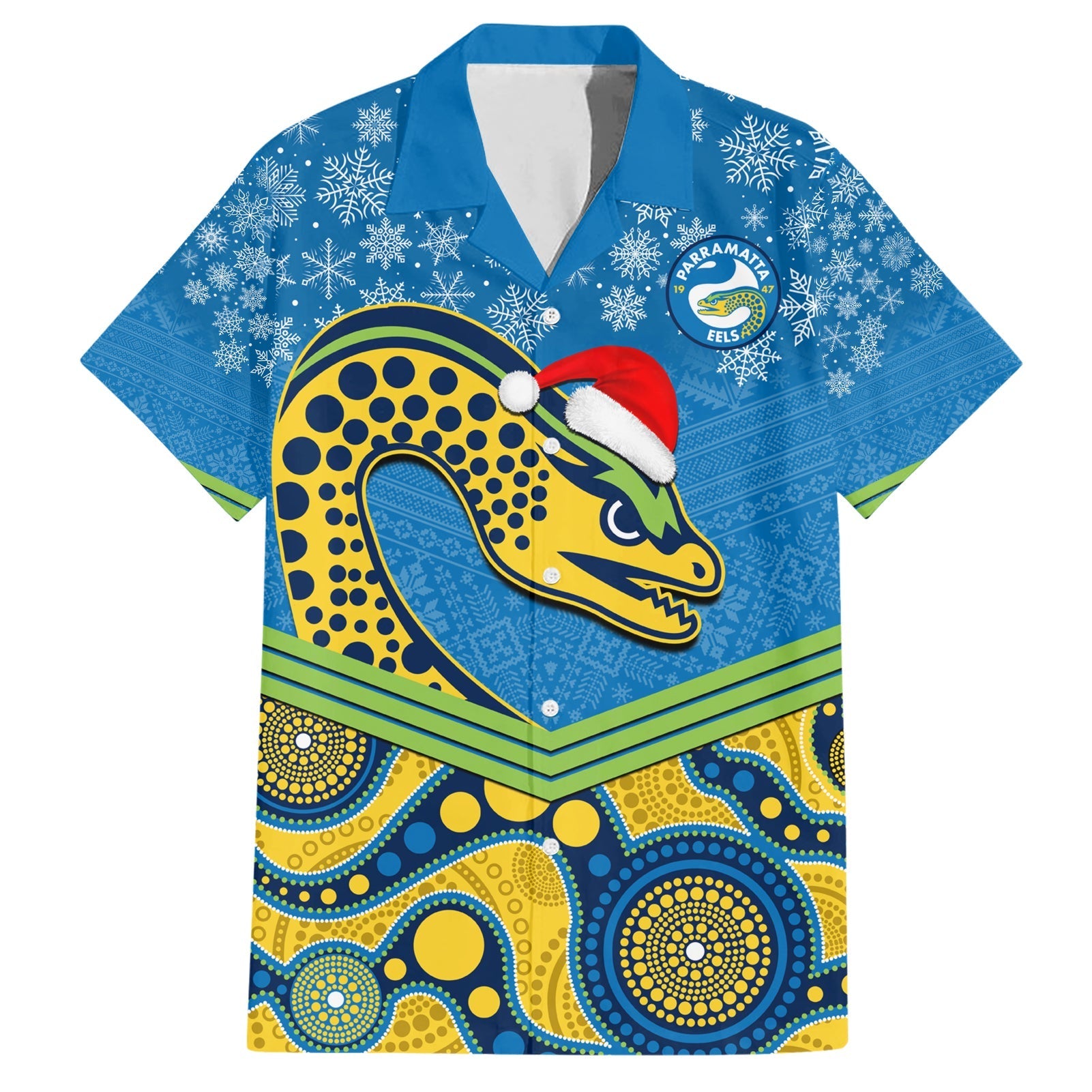 custom-parramatta-eels-rugby-christmas-family-matching-short-sleeve-bodycon-dress-and-hawaiian-shirt-merry-xmas-2023-mix-aboriginal-art