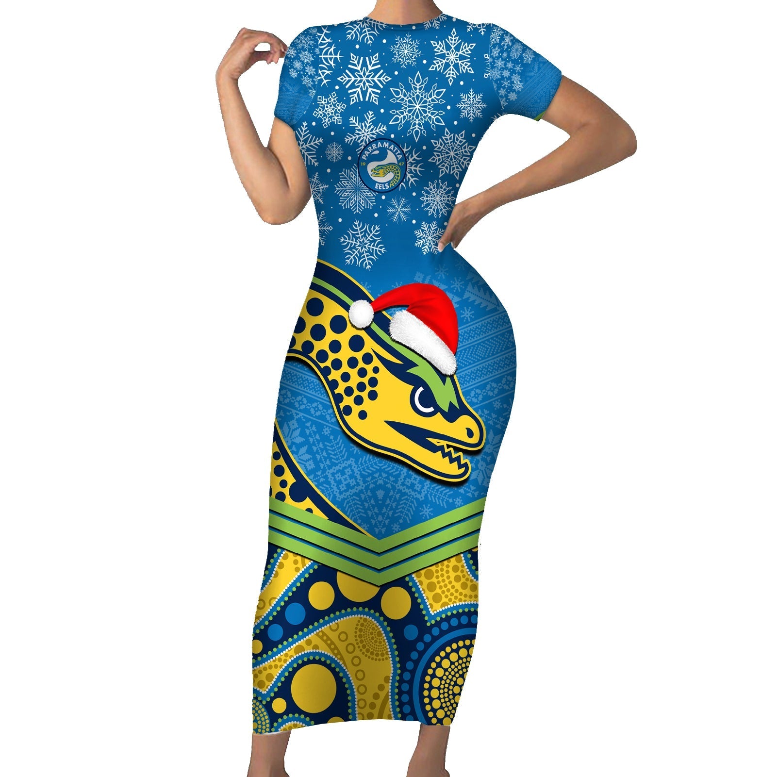 custom-parramatta-eels-rugby-christmas-family-matching-short-sleeve-bodycon-dress-and-hawaiian-shirt-merry-xmas-2023-mix-aboriginal-art