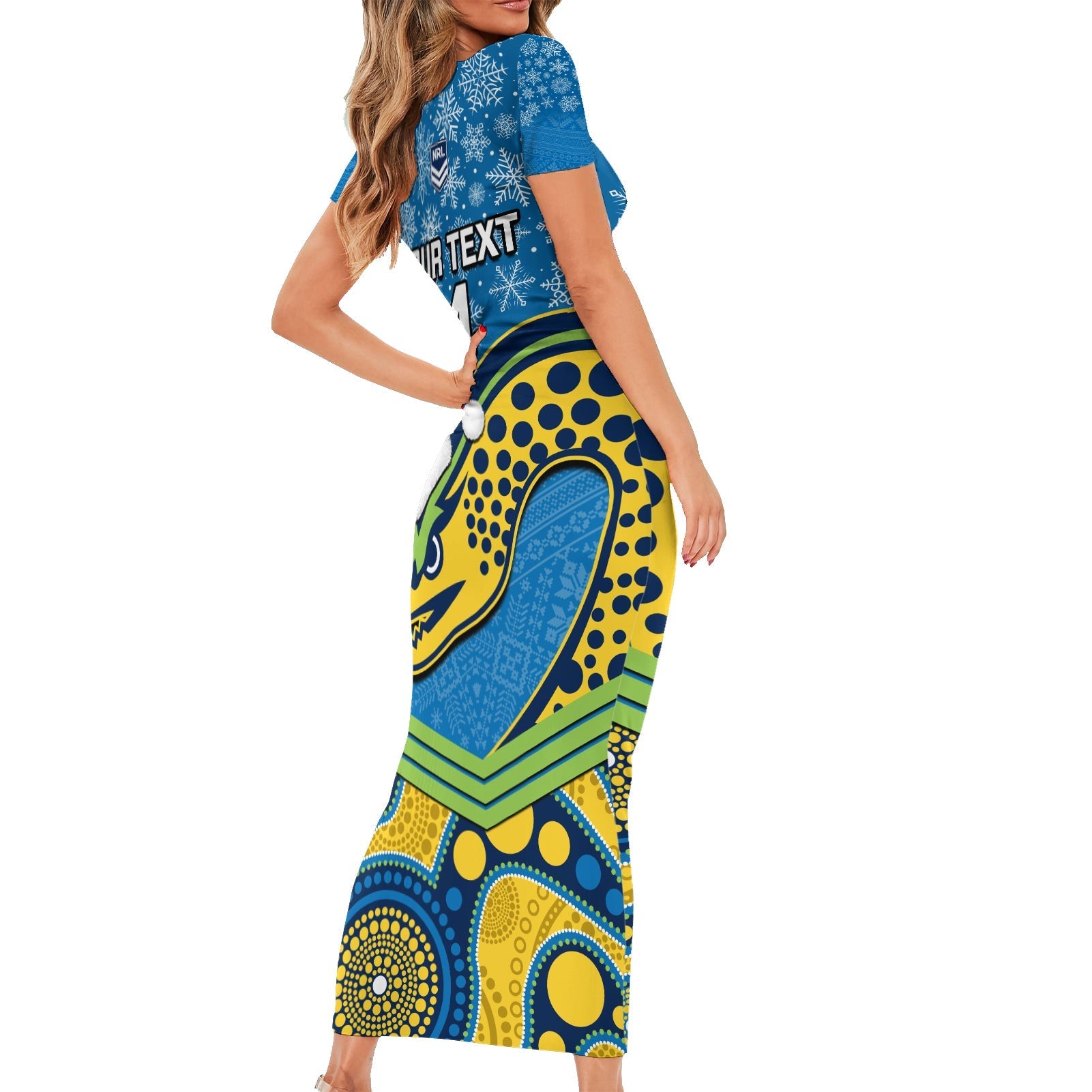 custom-parramatta-eels-rugby-christmas-family-matching-short-sleeve-bodycon-dress-and-hawaiian-shirt-merry-xmas-2023-mix-aboriginal-art