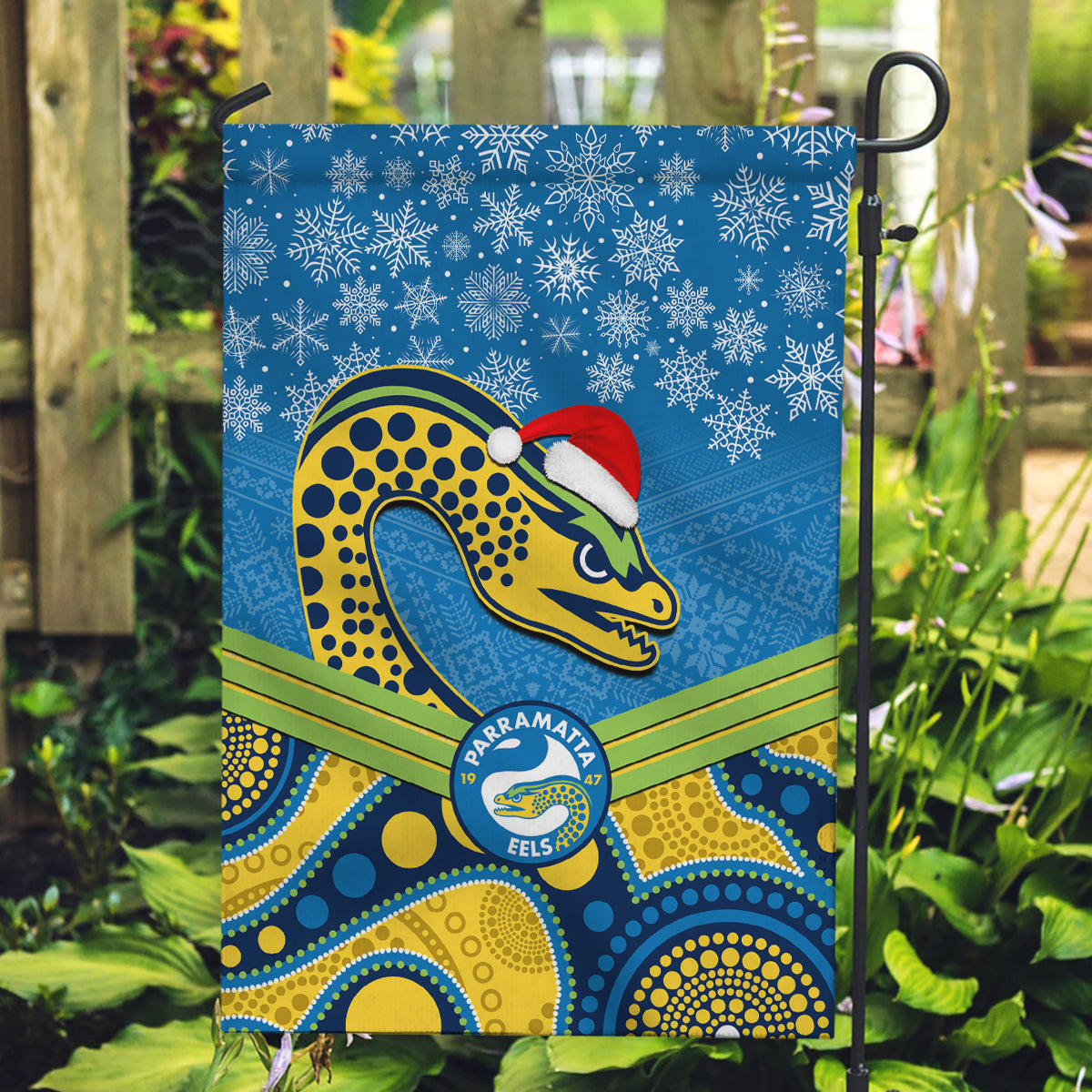 Parramatta Eels Rugby Christmas Garden Flag Merry Xmas 2023 Mix Aboriginal Art - Vibe Hoodie Shop