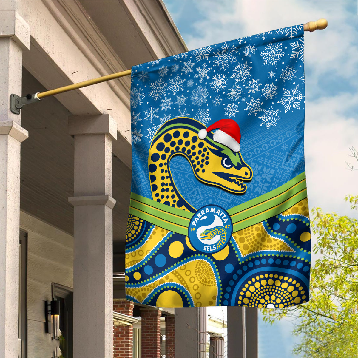 Parramatta Eels Rugby Christmas Garden Flag Merry Xmas 2023 Mix Aboriginal Art - Vibe Hoodie Shop