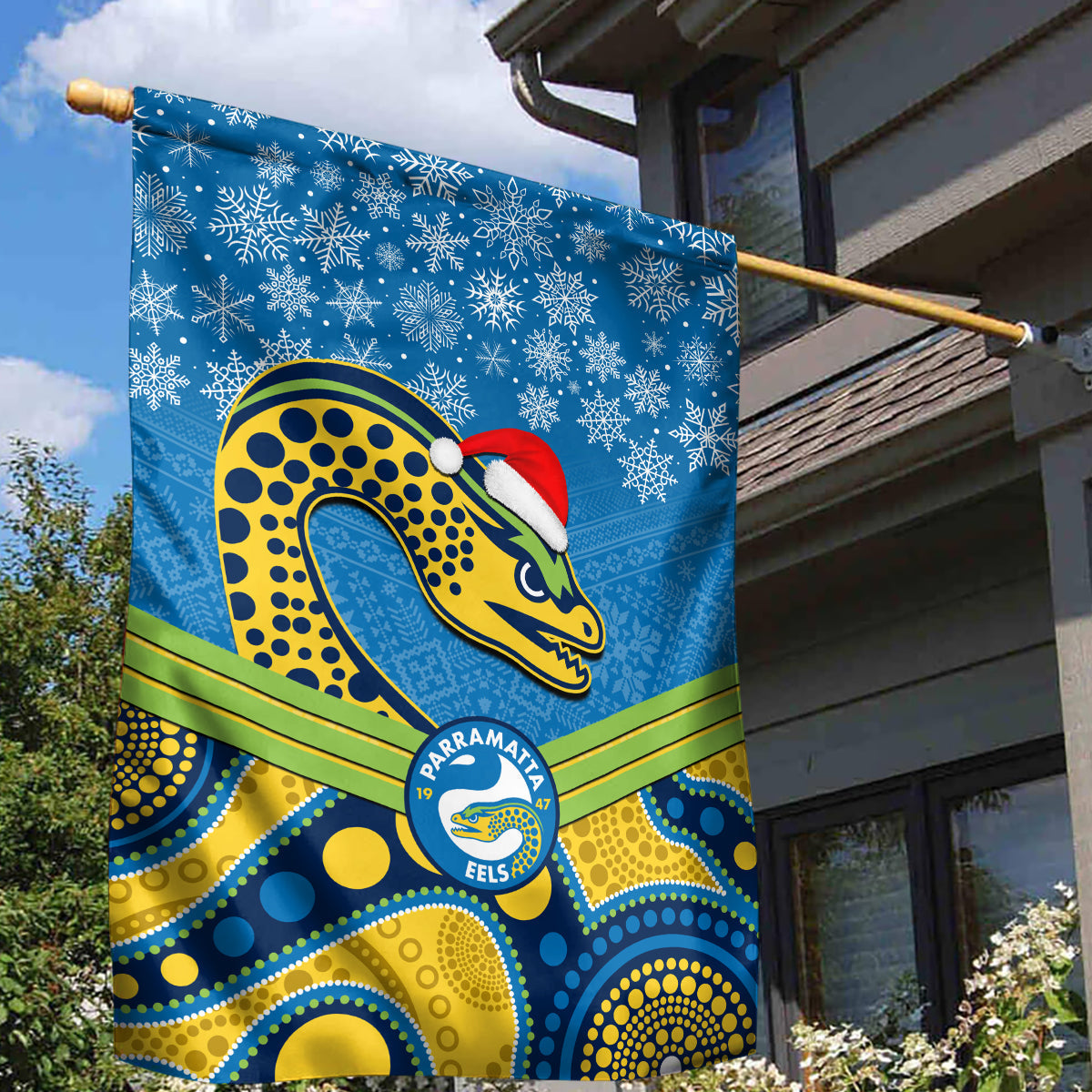 Parramatta Eels Rugby Christmas Garden Flag Merry Xmas 2023 Mix Aboriginal Art - Vibe Hoodie Shop