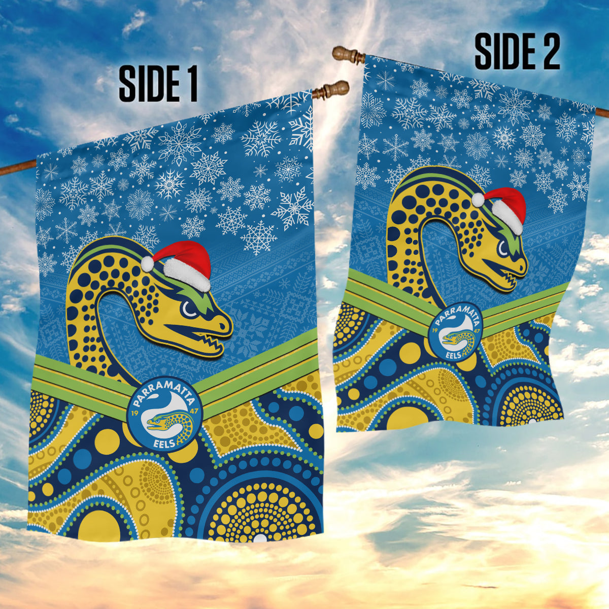 Parramatta Eels Rugby Christmas Garden Flag Merry Xmas 2023 Mix Aboriginal Art - Vibe Hoodie Shop