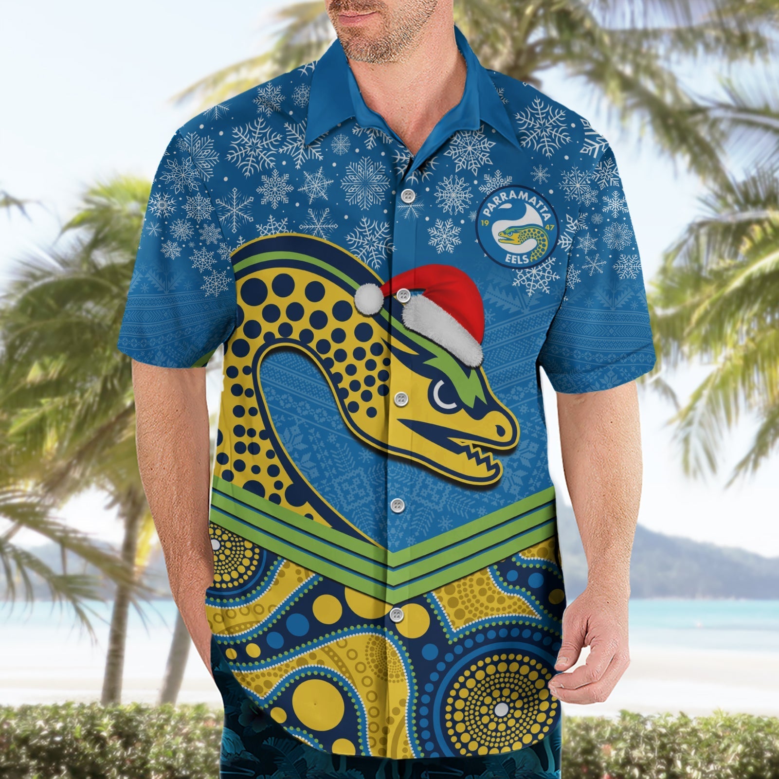 Custom Parramatta Eels Rugby Christmas Hawaiian Shirt Merry Xmas 2023 Mix Aboriginal Art - Vibe Hoodie Shop