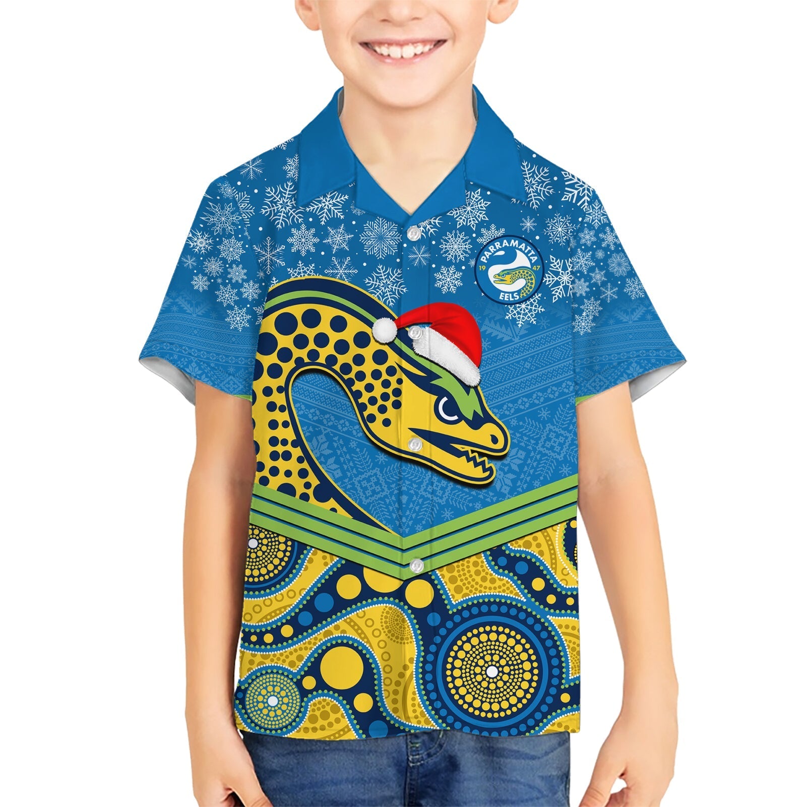 Custom Parramatta Eels Rugby Christmas Hawaiian Shirt Merry Xmas 2023 Mix Aboriginal Art - Vibe Hoodie Shop