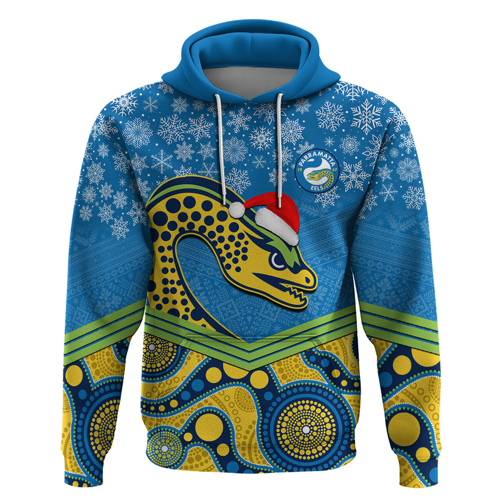 Custom Parramatta Eels Rugby Christmas Hoodie Merry Xmas 2023 Mix Aboriginal Art - Vibe Hoodie Shop