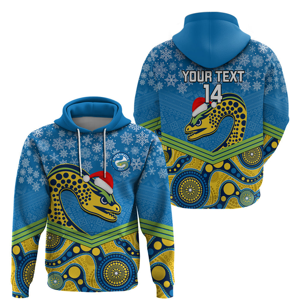 Custom Parramatta Eels Rugby Christmas Hoodie Merry Xmas 2023 Mix Aboriginal Art - Vibe Hoodie Shop