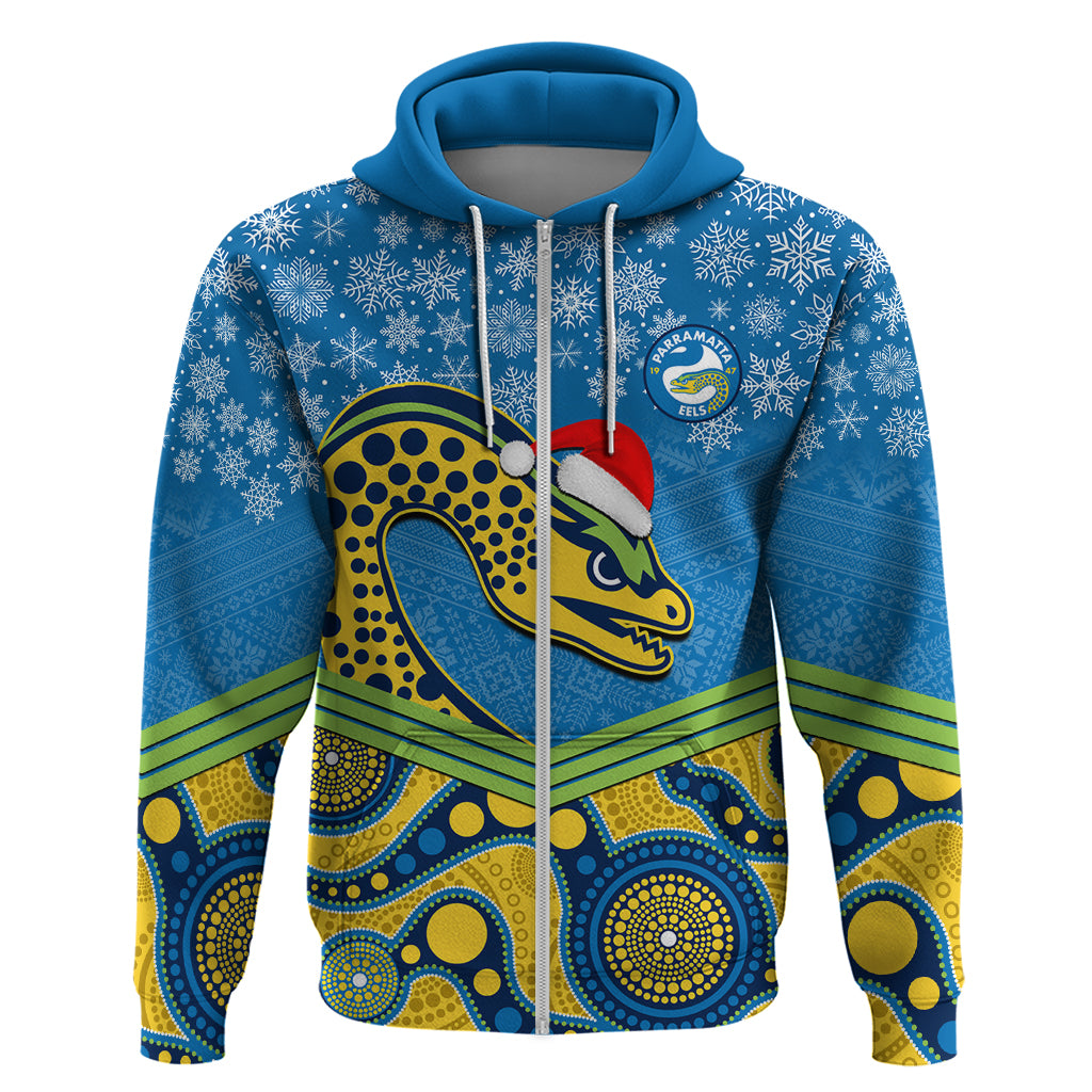 Custom Parramatta Eels Rugby Christmas Hoodie Merry Xmas 2023 Mix Aboriginal Art - Vibe Hoodie Shop