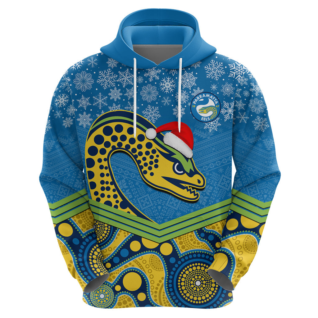 Custom Parramatta Eels Rugby Christmas Hoodie Merry Xmas 2023 Mix Aboriginal Art - Vibe Hoodie Shop