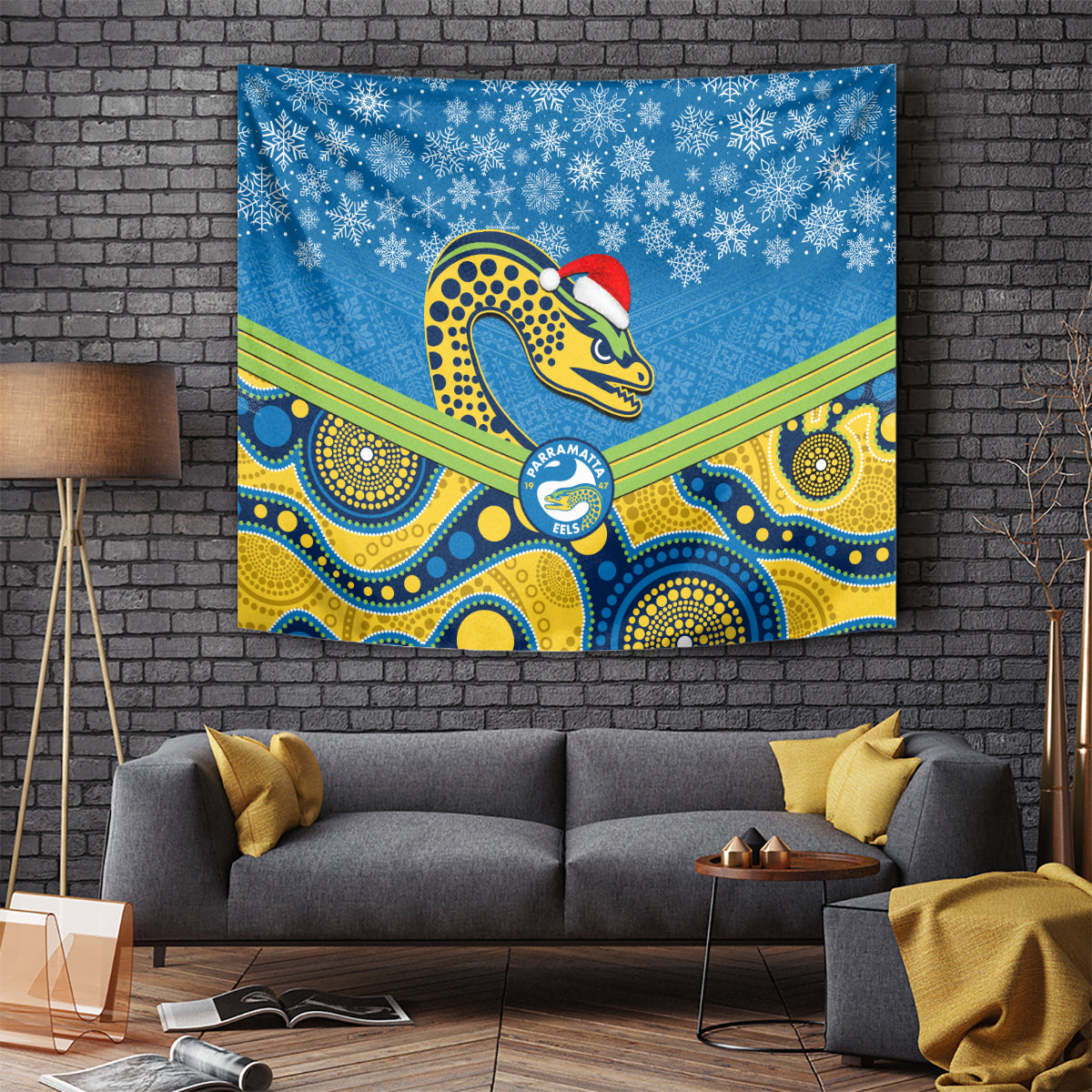 Parramatta Eels Rugby Christmas Tapestry Merry Xmas 2023 Mix Aboriginal Art - Vibe Hoodie Shop