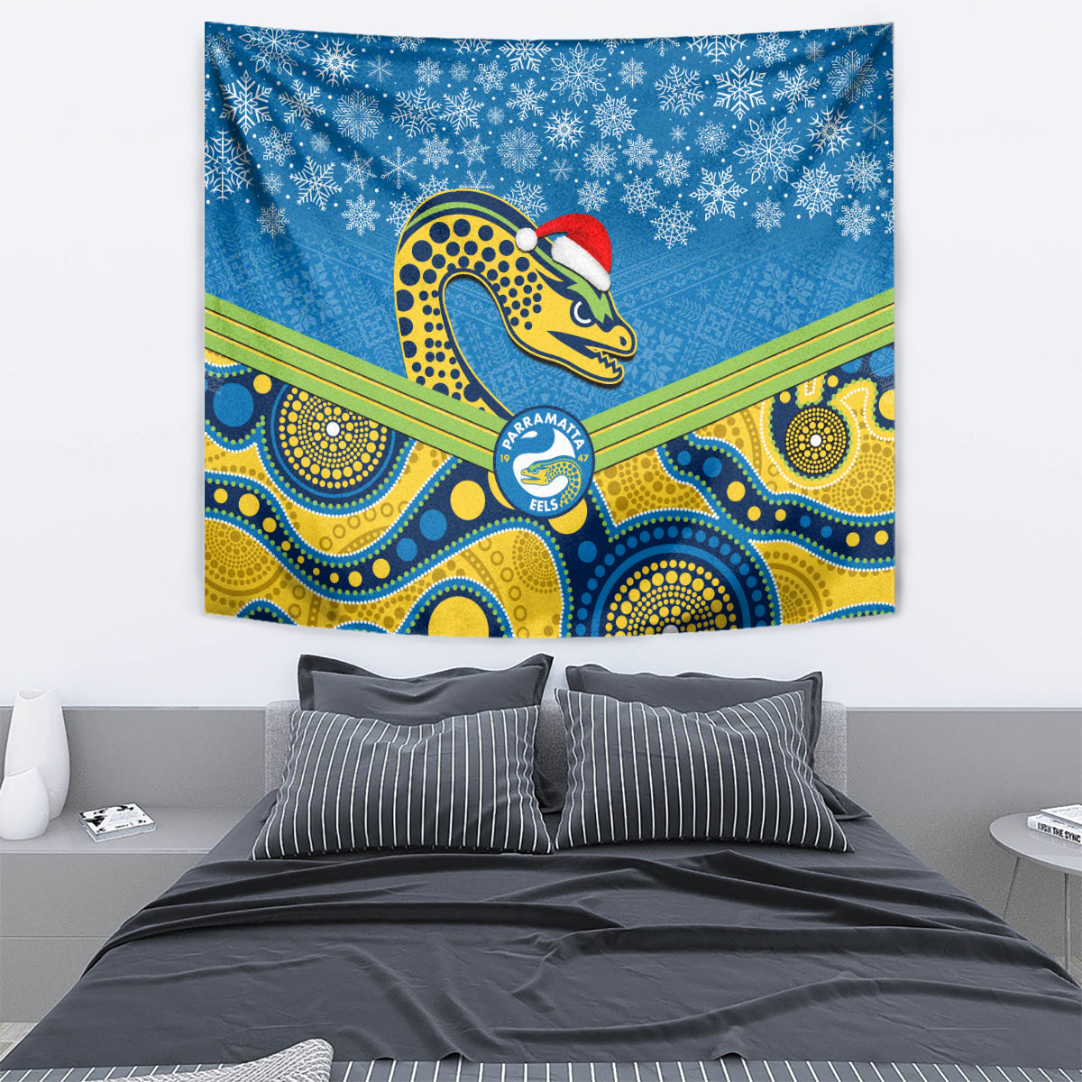 Parramatta Eels Rugby Christmas Tapestry Merry Xmas 2023 Mix Aboriginal Art - Vibe Hoodie Shop