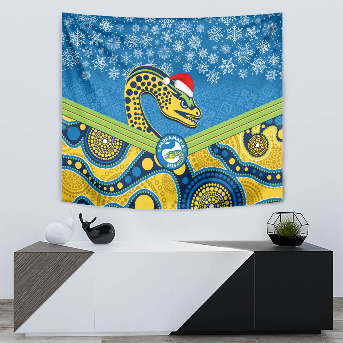 Parramatta Eels Rugby Christmas Tapestry Merry Xmas 2023 Mix Aboriginal Art - Vibe Hoodie Shop