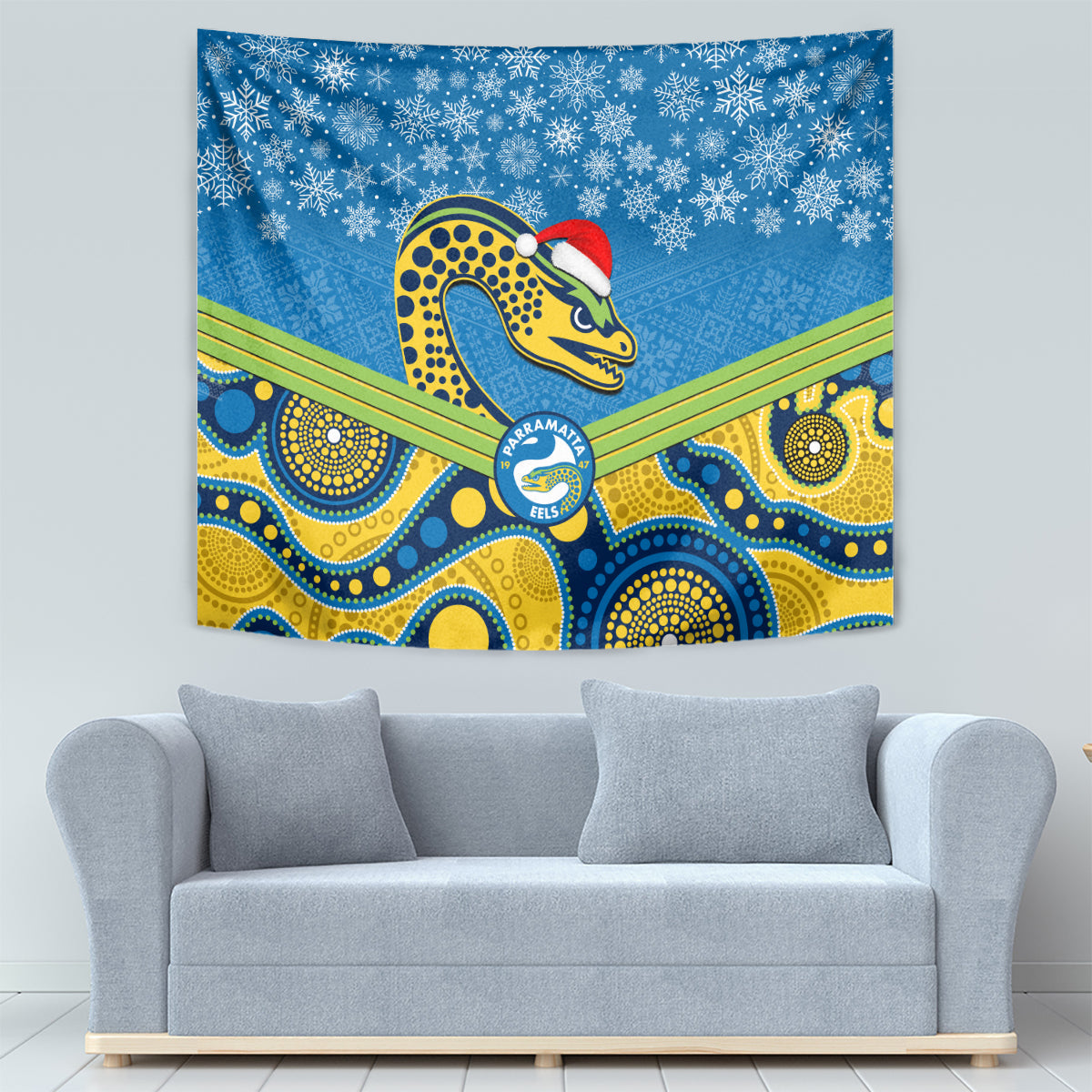 Parramatta Eels Rugby Christmas Tapestry Merry Xmas 2023 Mix Aboriginal Art - Vibe Hoodie Shop